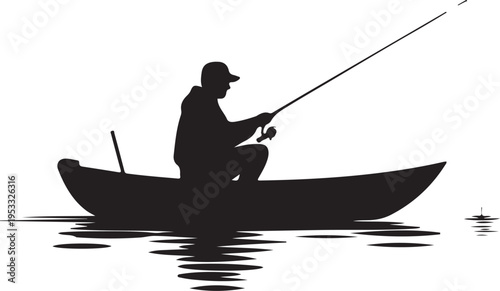 Black silhouette of man fishing in small boat on calm water