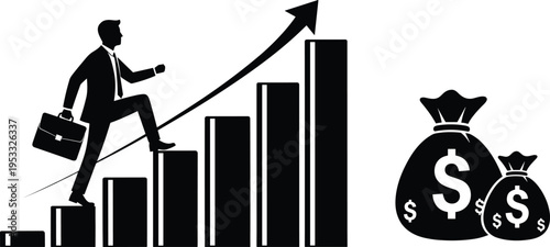 Business growth silhouette illustration, career success artwork, financial prosperity vector, professional advancement design concept, corporate achievement poster, upward progress graphic