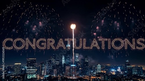 Congratulations Text with Colorful Fireworks Exploding over Night City Skyline Celebration