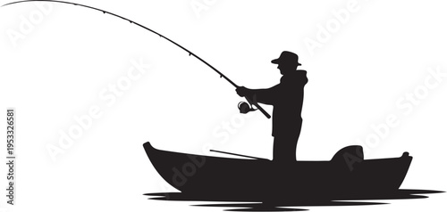 Black silhouette of man fishing in small boat on water