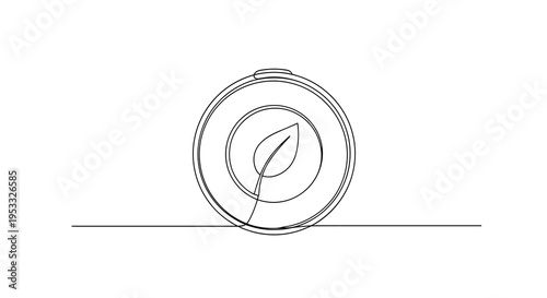 A minimalist continuous single-line drawing elegantly outlines a circular smart thermostat featuring a small leaf design, resting on a horizontal plane.