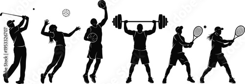 Sports silhouette illustration collection, golf volleyball basketball tennis weightlifting artwork, athletic activity vector, fitness training design concept, dynamic motion poster