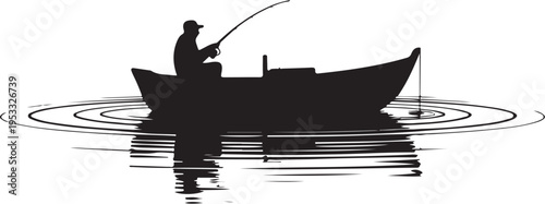 Black silhouette of man fishing on boat in water
