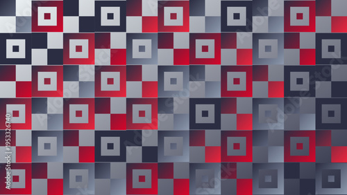 A modern abstract geometric background featuring a repetitive grid of squares and concentric shapes in a gradient palette of red gray and dark blue.