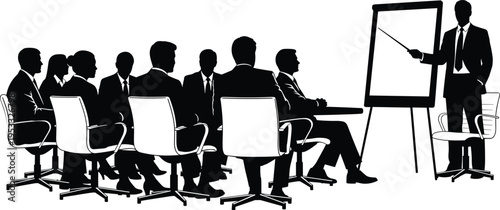 Business meeting silhouette illustration, corporate presentation artwork, teamwork communication vector, office training design concept, professional briefing poster, strategy discussion graphic