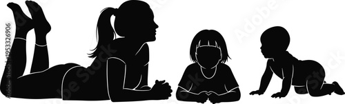 Family silhouette illustration with adult child baby, nurturing bonding artwork, human development vector, parenting design concept, growth lifestyle poster, interaction graphic