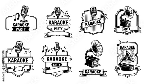 Karaoke Party Vintage Labels Vector Set with Microphone and Gramophone Emblems