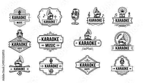 Vintage Karaoke Music Label Vector Collection with Retro Microphone and Gramophone