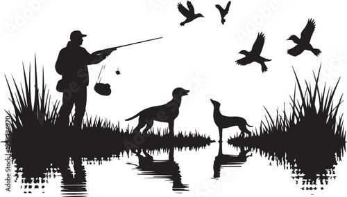 Black silhouette of man with dog hunting waterfowl
