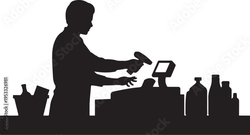 Black silhouette of man using credit card reader at checkout