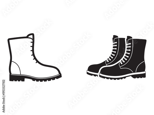Black and white boots with laces and soles  footwear icons  isolated on white background