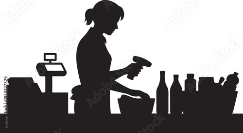Black silhouette of woman wiping bottle behind counter with scale