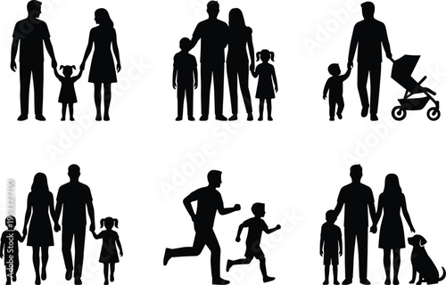 Family Silhouette Set with Parents, Children, Baby Stroller and Pet Dog Showing Parenting, Lifestyle and Modern Family Activities