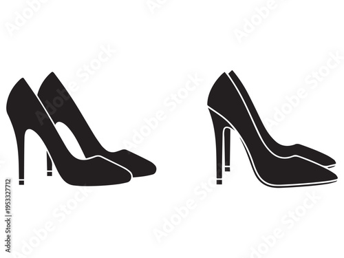 Black high heel shoes silhouettes  pair and single shoe with white outlines on white background