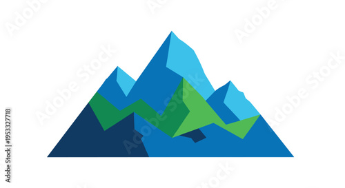 A stylized geometric mountain range with three distinct peaks is rendered in layered blue and green polygons on a clean white background.
