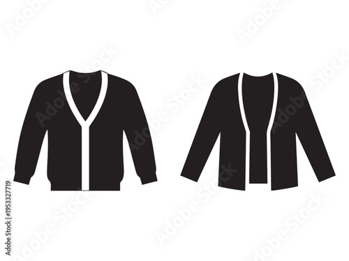 Black cardigan sweater with white trim front and back view  two open sweaters with white outlines