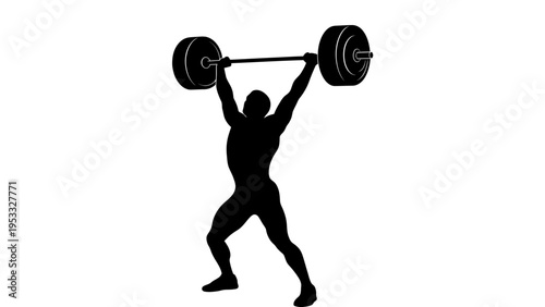 A black silhouette illustration of a person lifting a barbell in a dynamic sports pose against a clean white background.
