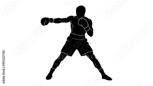 Black silhouette of a boxer in a fighting stance, throwing a punch against a white background, conveying a sense of sports and athleticism.