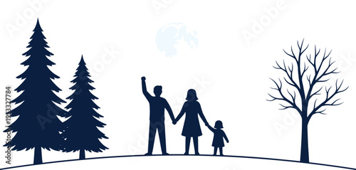 Family Silhouette in Nature Landscape with Parents and Child Standing Between Trees for Parenting, Lifestyle and Togetherness Concept