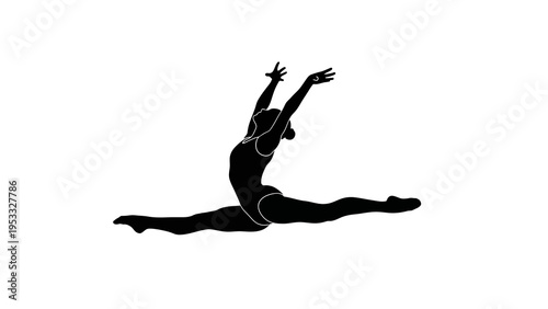 A black silhouette illustration of a dancer in mid-split jump against a clean white background, conveying a sense of dynamic movement and athleticism in a minimalist design.