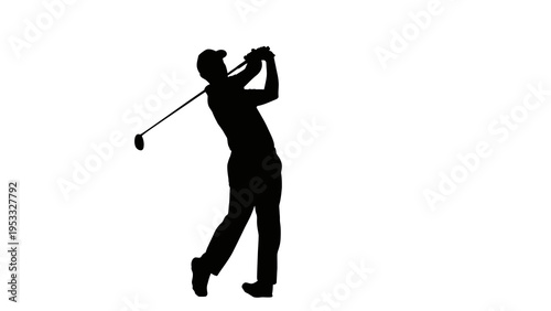 Black silhouette illustration of a golfer in mid-swing against a white background, showcasing a dynamic golfing character design with a focus on sports and athletic activity.