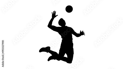 A black silhouette illustration of a person playing volleyball in mid-air against a white background, with a focus on sports and athletic activity.