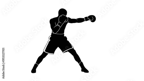 A black silhouette illustration of a boxer in a fighting stance with raised fist, set against a clean white background, conveying a sense of sports and athleticism.