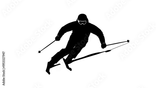 Black silhouette of a skier in dynamic motion on a white background, captured in a sleek vector illustration with a focus on sports and athletic design.