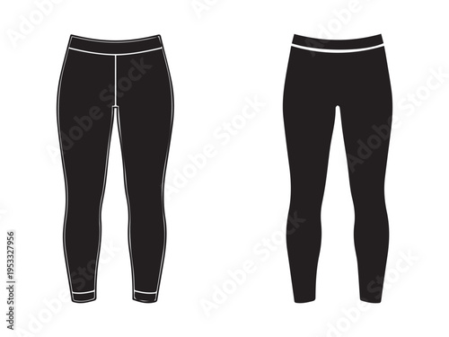 Black leggings for women fitness clothing front and back view isolated on white background for yoga or workout routines with white outline details