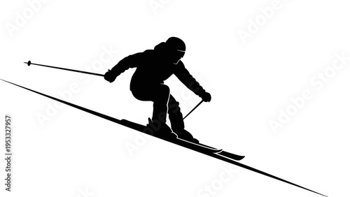 A black silhouette of a skier in a dynamic skiing pose with ski poles on a white background, conveying a sense of speed and action in sports.