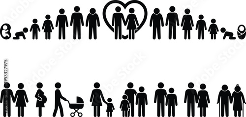 Family Life Cycle Silhouette Icons Showing Baby, Childhood, Parenthood and Elderly Stages with Couple and Generations Concept