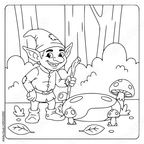 Mythology coloring page of a cute forest elf traveler with a walking stick near a large rock