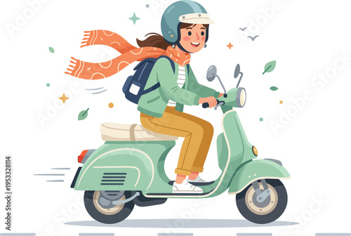 Woman rides scooter with flowing scarf. She smiles while steering forward confidently. Light pastel colors create cheerful, modern vibe. Perfect for urban lifestyle, travel, or transport themes