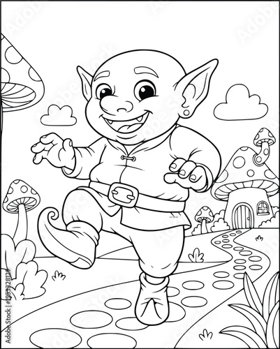 Mythology coloring page of a happy bald goblin dancing on a cobblestone path