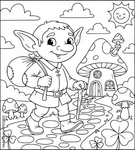 Mythology coloring page of a cute forest elf traveler with a sack and walking stick+