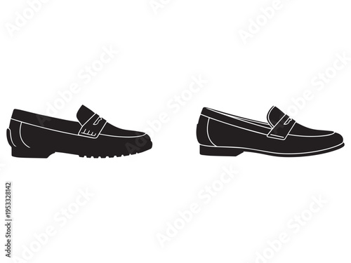 Black loafer shoes with tassel and white outline side and front view  two pairs of stylish footwear with sleek design and tassel details