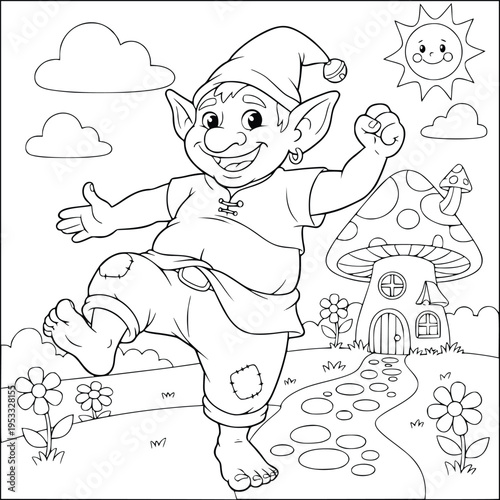  Mythology coloring page of a joyful barefoot fantasy troll dancing near a mushroom house