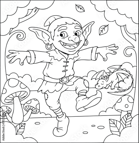 Mythology coloring page of a happy fantasy elf dancing near a sleeping dragon