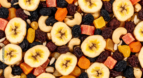 Colorful assortment of dried banana slices cashews raisins and diced fruits dried fruits
