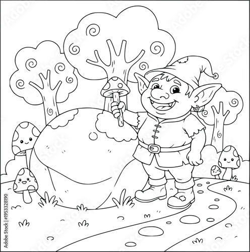 Mythology coloring page of a cute forest gnome with a mushroom staff standing by a rock