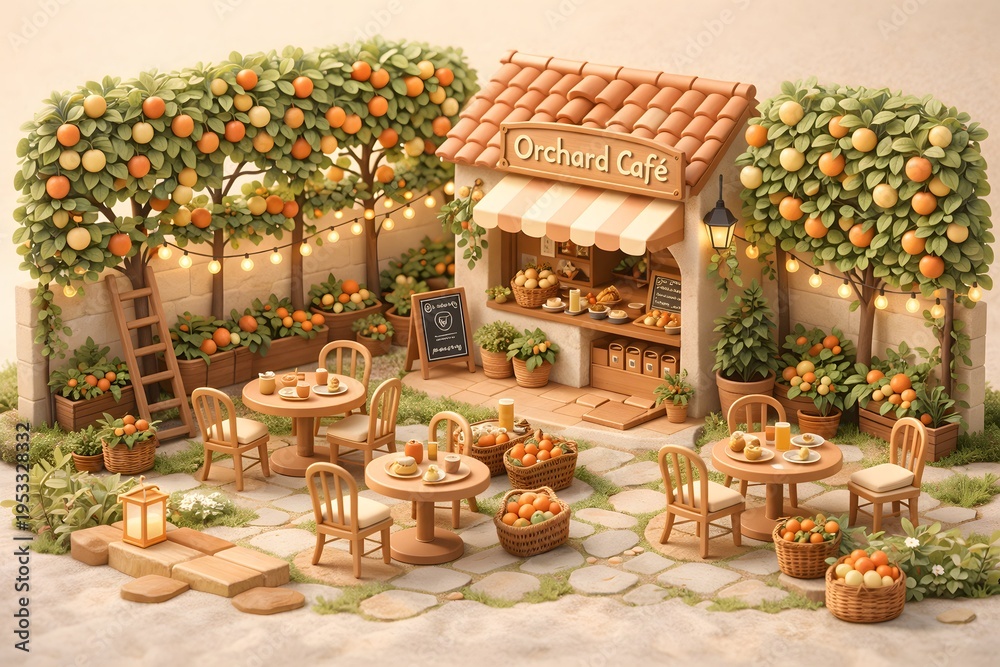 Obraz premium Charming orchard cafe scene with coffee, pastries, blooming fruit trees, and warm string lights, a cozy outdoor lifestyle setting ideal for cafe branding