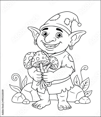 Mythology coloring page of a cute fantasy goblin holding a bunch of mushrooms