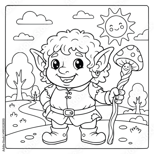 Mythology coloring page of a cute forest elf with curly hair and a mushroom staff