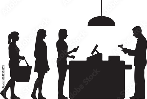 Black silhouettes of people at a checkout counter shopping