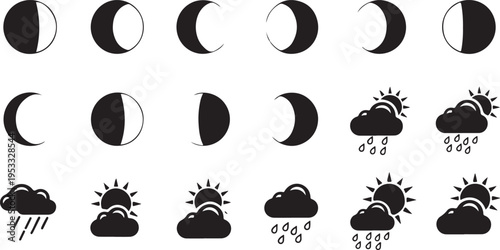 Set of 14 weather and moon phase icons vector isolated on Transparent Background