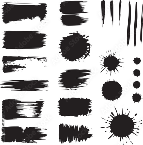 Vector ink splashes stencil. Very detailed collection mockups brush strokes for text and design. Black inked splatter dirt stain splattered spray splash with drops blots. Vector isolated set boxes