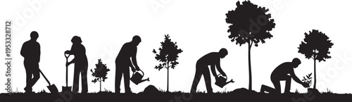 Set of 7 people planting trees vector silhouettes isolated on Transparent Background