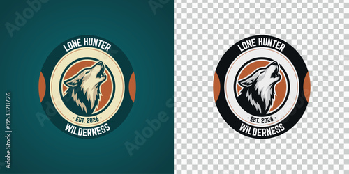 
Lone Hunter Wilderness Howling Wolf Circular Badge Logo Est 2026 Teal Orange Vintage Two Variant