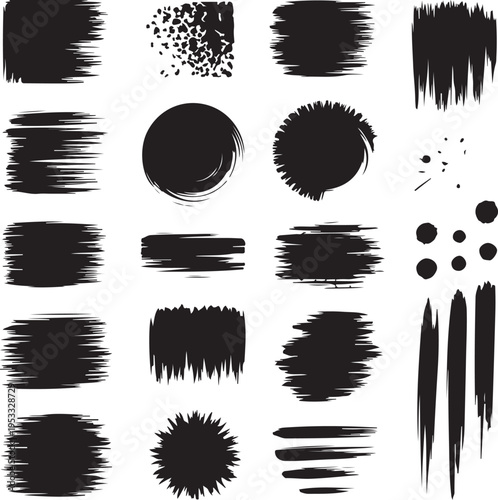 Vector ink splashes stencil. Very detailed collection mockups brush strokes for text and design. Black inked splatter dirt stain splattered spray splash with drops blots. Vector isolated set boxes