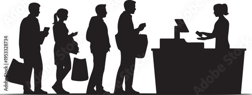 Black silhouettes of people in line at a checkout counter